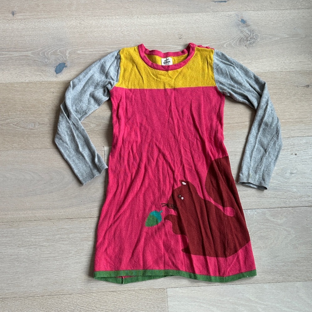 Mini boden girls Colorful knit Long Sleeve Dress Squirrel Design Sz 7-8